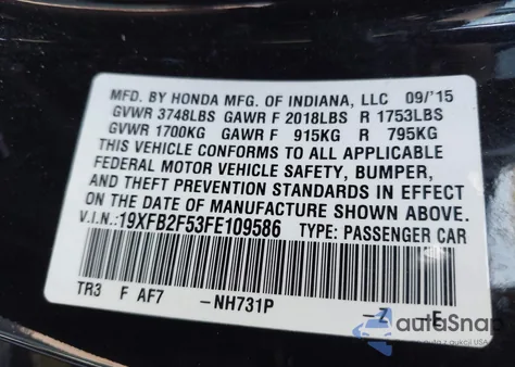 2015 Honda Civic Lx из США, поврежденный, VIN 19XFB2F53FE109586